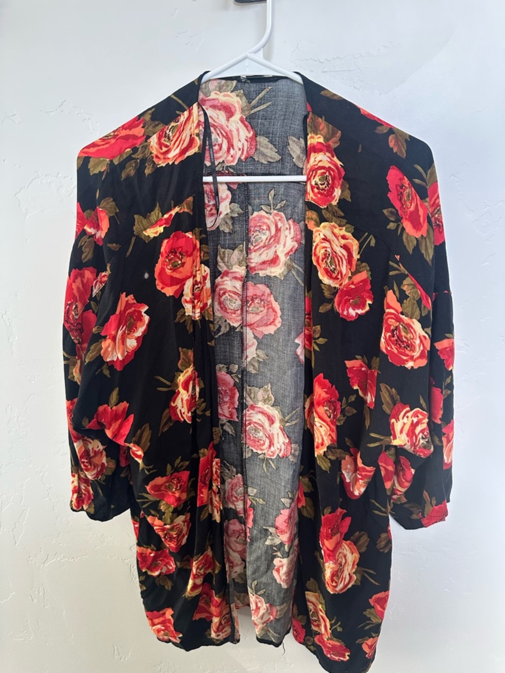 Forever 21 Black Floral Kimono with Red Rose Print